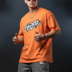 HUSTLE Orange Oversized Back Graphic Printed T-shirt